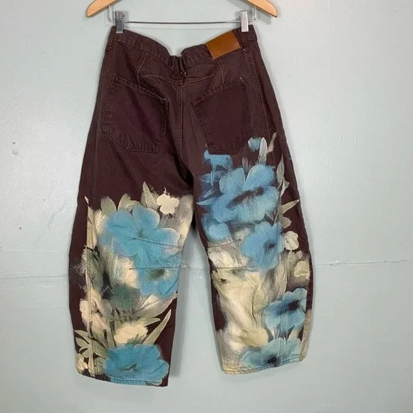 Free People We The Free Good Luck Printed Barrel Jeans Washed Floral Brown Sz 29 - Picture 3 of 4